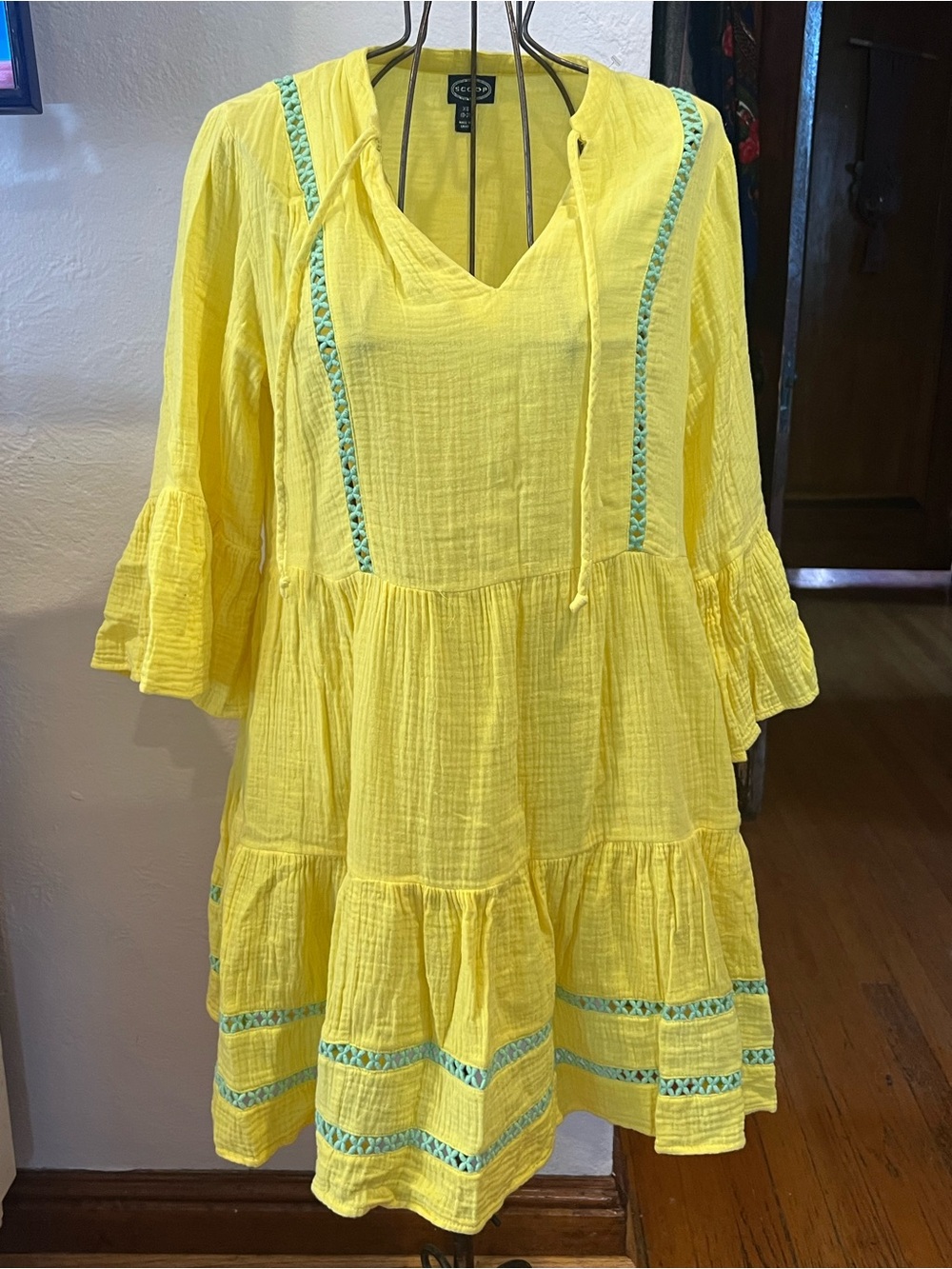 Scoop XS Sunny Tiered Yellow women’s Dress with Aqua Trim